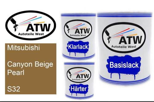 Mitsubishi, Canyon Beige Pearl, S32: 1L Lackdose + 1L Klarlack + 500ml Härter - Set, von ATW Autoteile West.